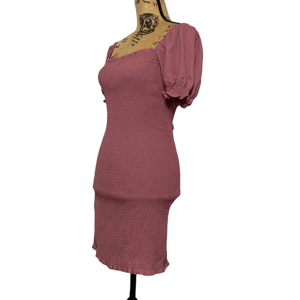 NWT Mauve Puff Sleeves Elastic Bodice Fitted Mini Dress S - Picture 3 of 10